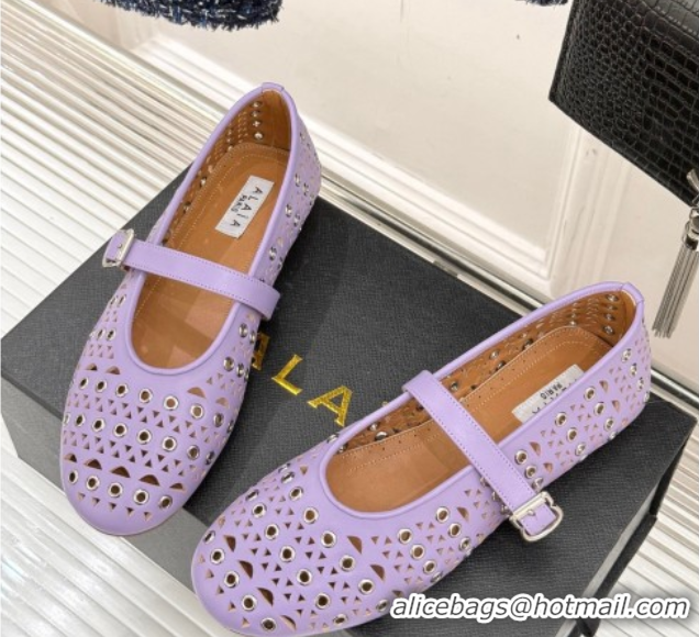 Promotion Alaia Ballet Flat in Openwork Leather with Eyelet Light Purple 1223013