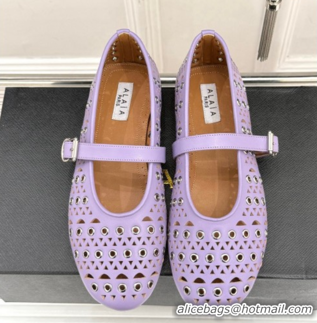 Promotion Alaia Ballet Flat in Openwork Leather with Eyelet Light Purple 1223013