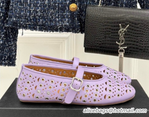 Promotion Alaia Ballet Flat in Openwork Leather with Eyelet Light Purple 1223013