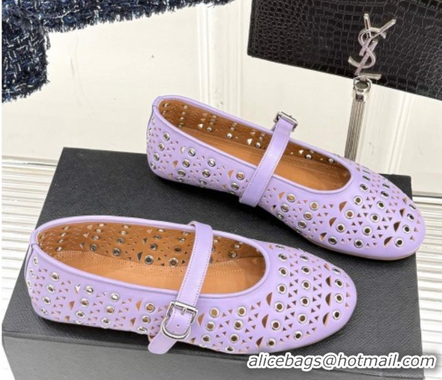 Promotion Alaia Ballet Flat in Openwork Leather with Eyelet Light Purple 1223013