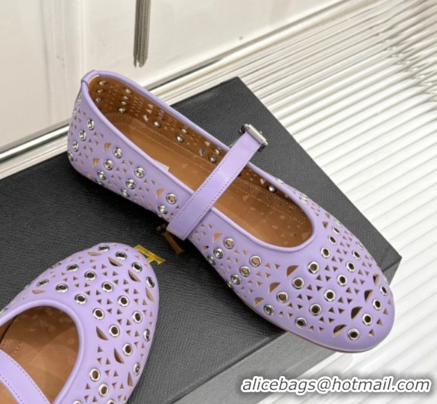 Promotion Alaia Ballet Flat in Openwork Leather with Eyelet Light Purple 1223013