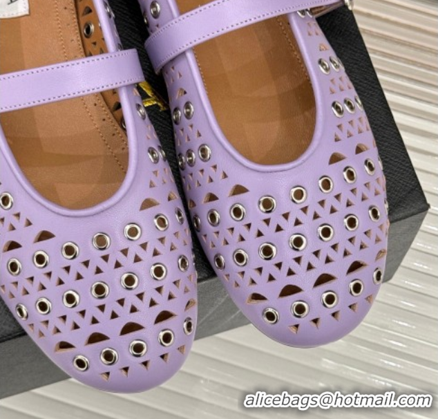 Promotion Alaia Ballet Flat in Openwork Leather with Eyelet Light Purple 1223013