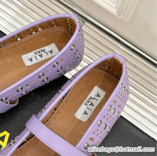 Promotion Alaia Ballet Flat in Openwork Leather with Eyelet Light Purple 1223013