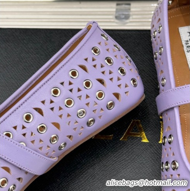 Promotion Alaia Ballet Flat in Openwork Leather with Eyelet Light Purple 1223013
