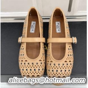 Super Quality Alaia Ballet Flat in Openwork Leather with Eyelet Apricot 1223014