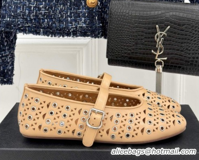 Super Quality Alaia Ballet Flat in Openwork Leather with Eyelet Apricot 1223014