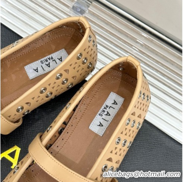 Super Quality Alaia Ballet Flat in Openwork Leather with Eyelet Apricot 1223014