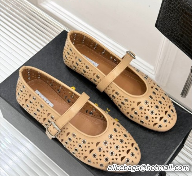 Super Quality Alaia Ballet Flat in Openwork Leather with Eyelet Apricot 1223014