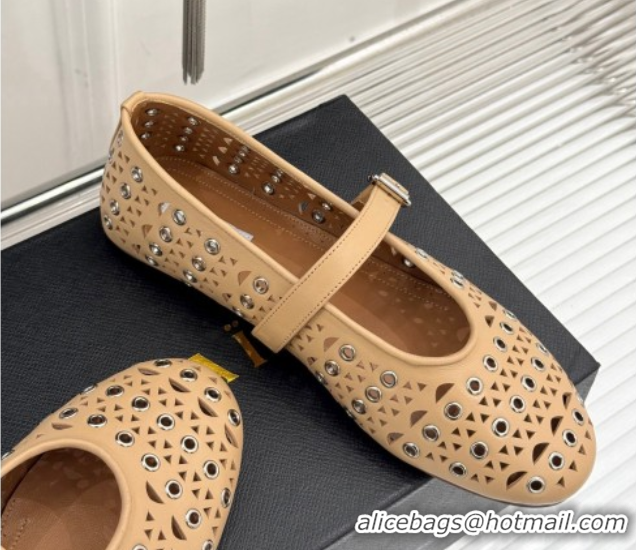 Super Quality Alaia Ballet Flat in Openwork Leather with Eyelet Apricot 1223014