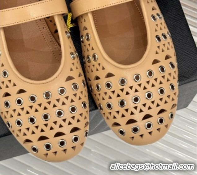 Super Quality Alaia Ballet Flat in Openwork Leather with Eyelet Apricot 1223014