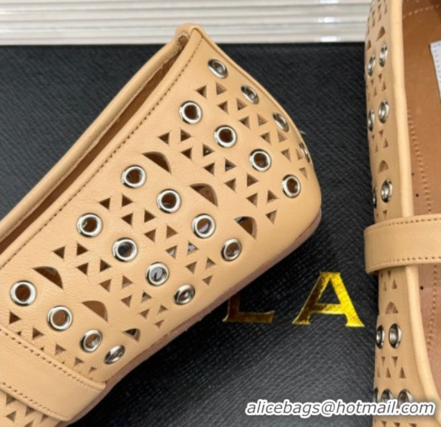 Super Quality Alaia Ballet Flat in Openwork Leather with Eyelet Apricot 1223014