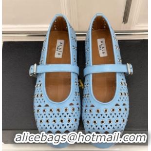 Best Price Alaia Ballet Flat in Openwork Leather with Eyelet Light Blue 1223015