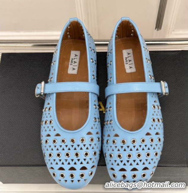 Best Price Alaia Ballet Flat in Openwork Leather with Eyelet Light Blue 1223015