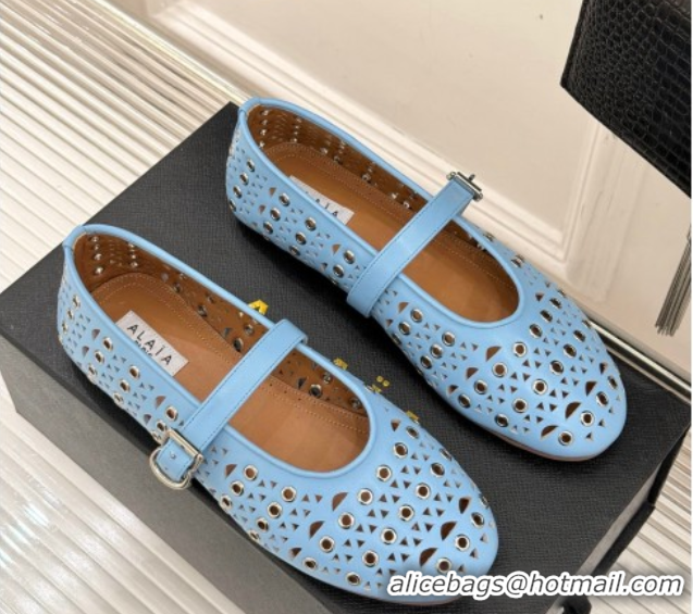 Best Price Alaia Ballet Flat in Openwork Leather with Eyelet Light Blue 1223015