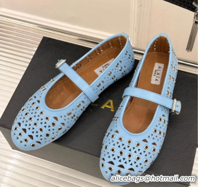 Best Price Alaia Ballet Flat in Openwork Leather with Eyelet Light Blue 1223015