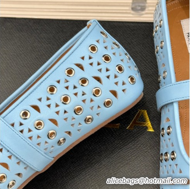 Best Price Alaia Ballet Flat in Openwork Leather with Eyelet Light Blue 1223015