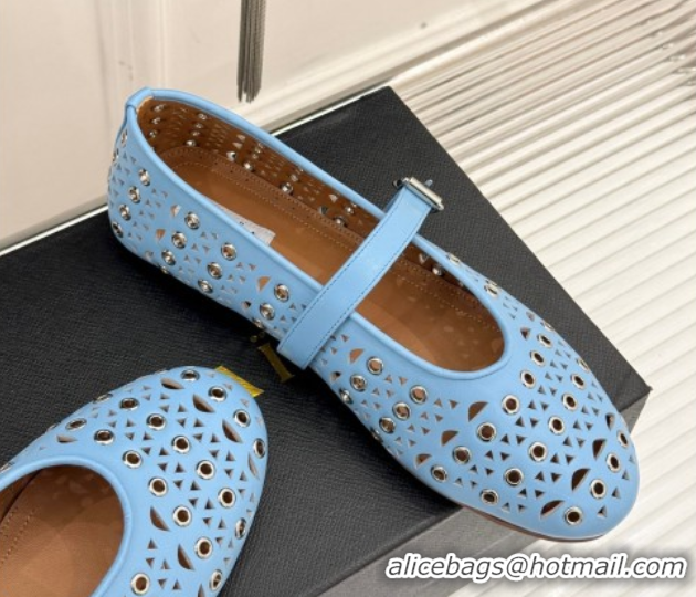 Best Price Alaia Ballet Flat in Openwork Leather with Eyelet Light Blue 1223015