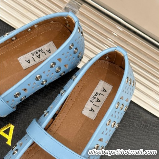 Best Price Alaia Ballet Flat in Openwork Leather with Eyelet Light Blue 1223015