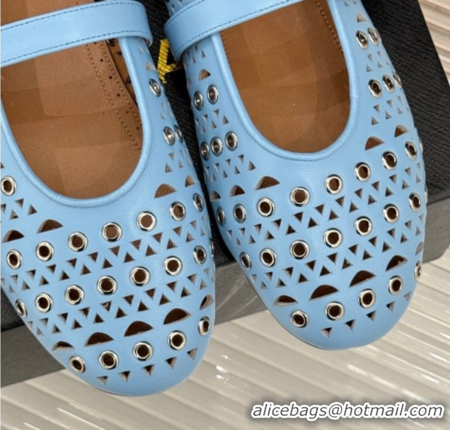 Best Price Alaia Ballet Flat in Openwork Leather with Eyelet Light Blue 1223015
