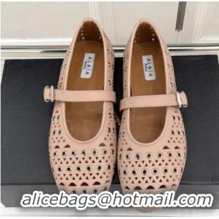 Top Quality Alaia Ballet Flat in Openwork Leather with Eyelet Light Pink 1223016
