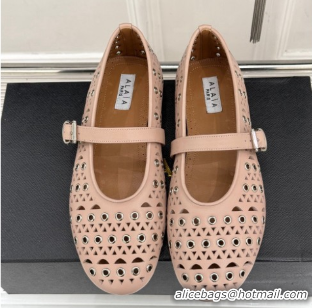 Top Quality Alaia Ballet Flat in Openwork Leather with Eyelet Light Pink 1223016