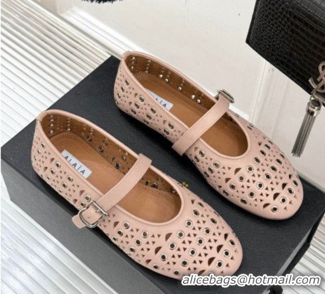 Top Quality Alaia Ballet Flat in Openwork Leather with Eyelet Light Pink 1223016