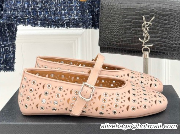 Top Quality Alaia Ballet Flat in Openwork Leather with Eyelet Light Pink 1223016