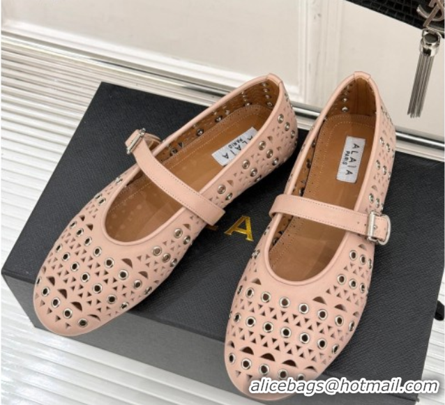 Top Quality Alaia Ballet Flat in Openwork Leather with Eyelet Light Pink 1223016