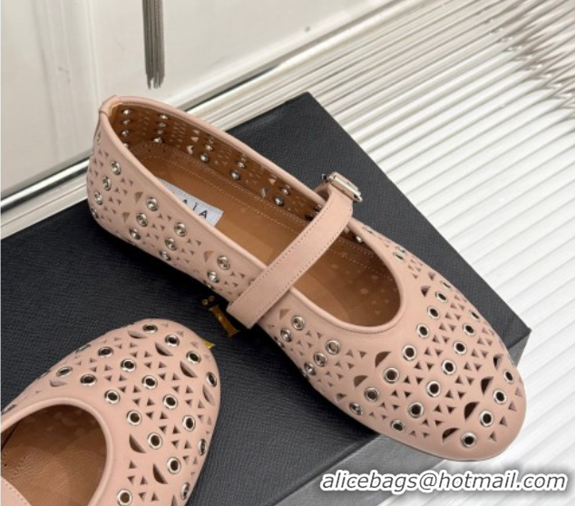 Top Quality Alaia Ballet Flat in Openwork Leather with Eyelet Light Pink 1223016