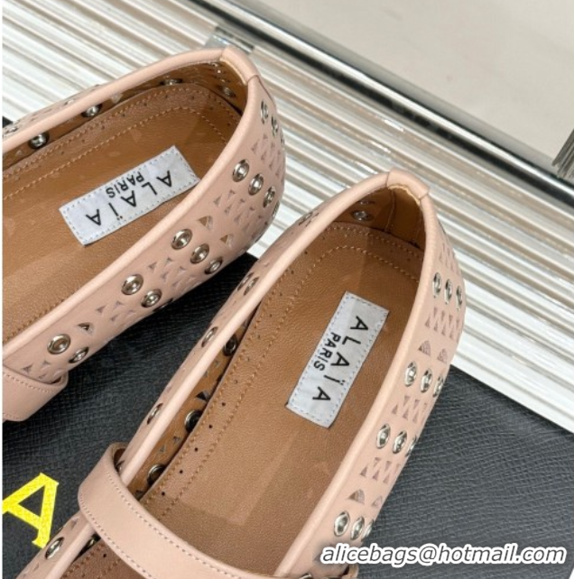 Top Quality Alaia Ballet Flat in Openwork Leather with Eyelet Light Pink 1223016