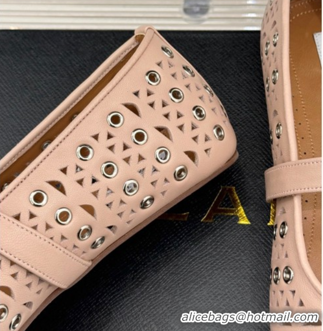 Top Quality Alaia Ballet Flat in Openwork Leather with Eyelet Light Pink 1223016