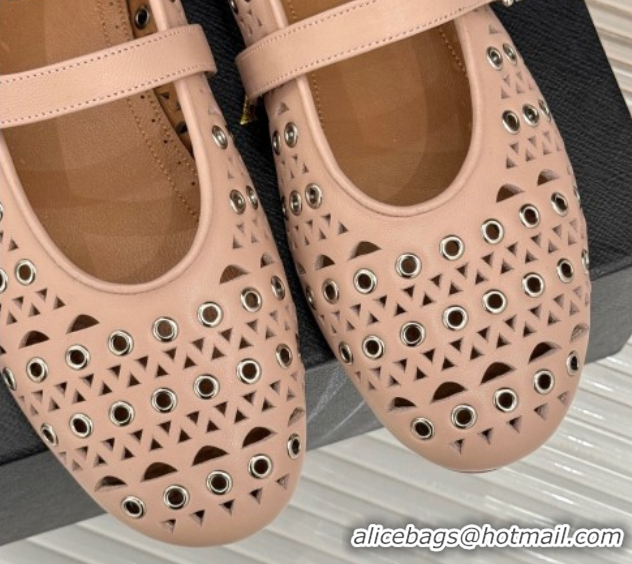 Top Quality Alaia Ballet Flat in Openwork Leather with Eyelet Light Pink 1223016