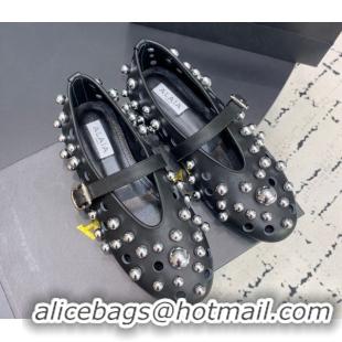 Classic Practical Alaia Ballet Flats with Silver-Tone Spheres in Calfskin Black 1223017