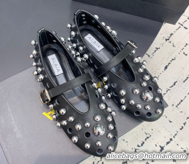 Classic Practical Alaia Ballet Flats with Silver-Tone Spheres in Calfskin Black 1223017