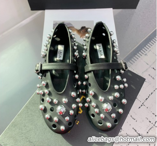 Classic Practical Alaia Ballet Flats with Silver-Tone Spheres in Calfskin Black 1223017