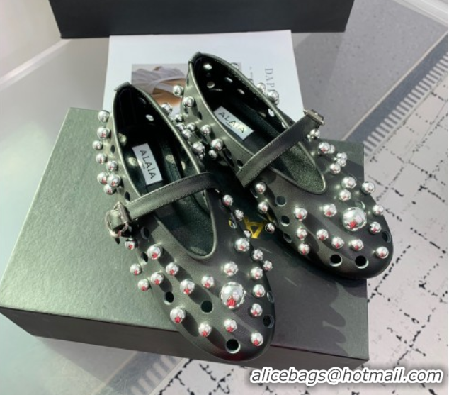 Classic Practical Alaia Ballet Flats with Silver-Tone Spheres in Calfskin Black 1223017
