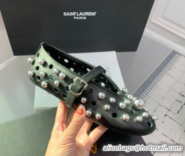 Classic Practical Alaia Ballet Flats with Silver-Tone Spheres in Calfskin Black 1223017