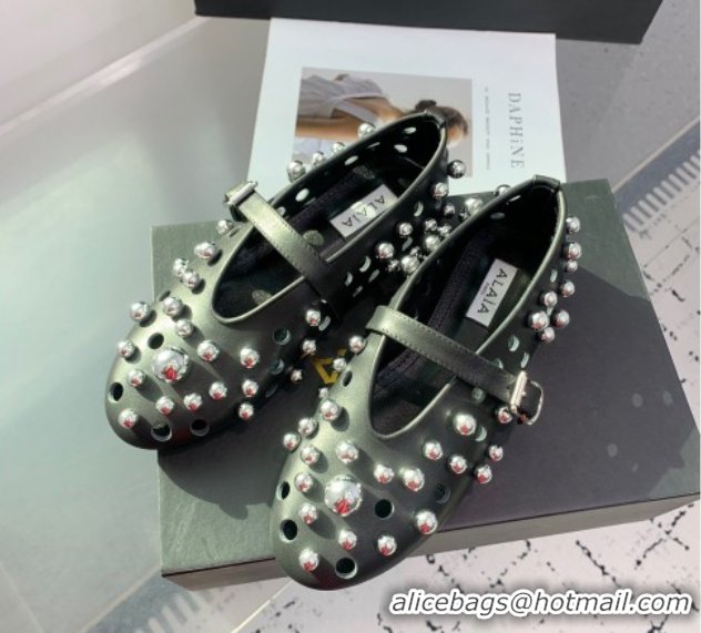 Classic Practical Alaia Ballet Flats with Silver-Tone Spheres in Calfskin Black 1223017