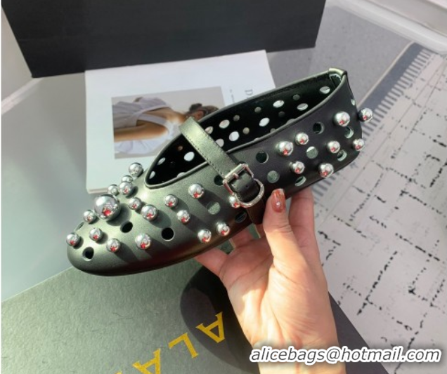 Classic Practical Alaia Ballet Flats with Silver-Tone Spheres in Calfskin Black 1223017
