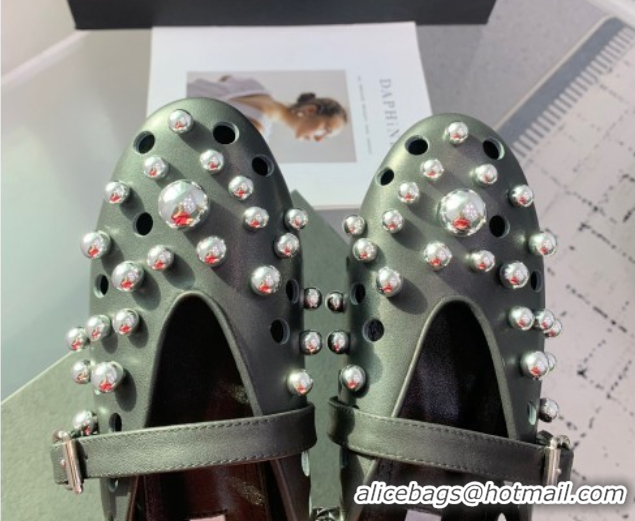 Classic Practical Alaia Ballet Flats with Silver-Tone Spheres in Calfskin Black 1223017