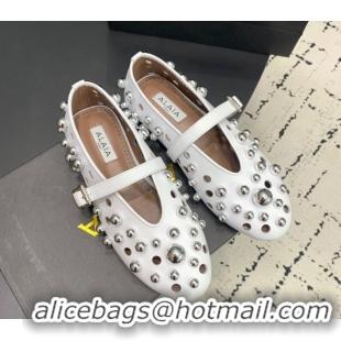 AAAAA Alaia Ballet Flats with Silver-Tone Spheres in Calfskin White 1223018