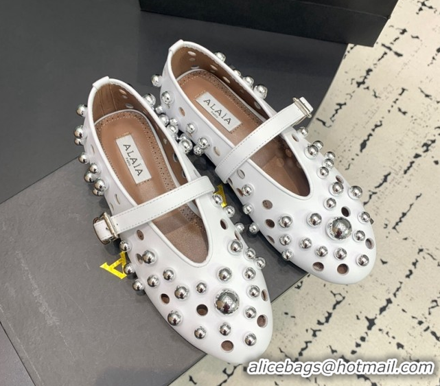 AAAAA Alaia Ballet Flats with Silver-Tone Spheres in Calfskin White 1223018
