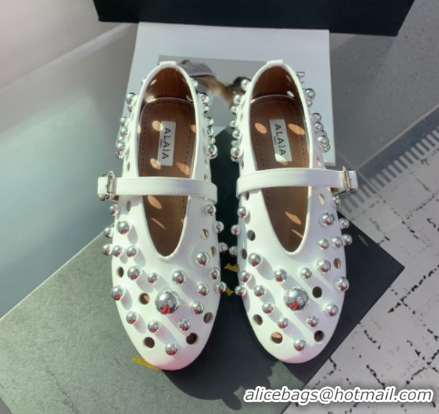 AAAAA Alaia Ballet Flats with Silver-Tone Spheres in Calfskin White 1223018