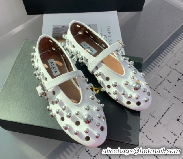 AAAAA Alaia Ballet Flats with Silver-Tone Spheres in Calfskin White 1223018