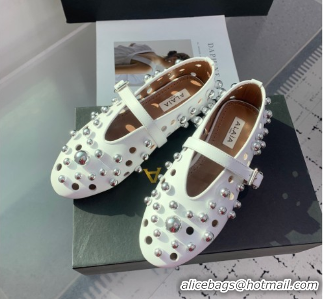 AAAAA Alaia Ballet Flats with Silver-Tone Spheres in Calfskin White 1223018