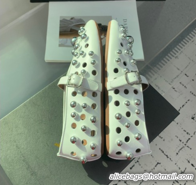 AAAAA Alaia Ballet Flats with Silver-Tone Spheres in Calfskin White 1223018