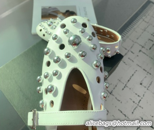 AAAAA Alaia Ballet Flats with Silver-Tone Spheres in Calfskin White 1223018