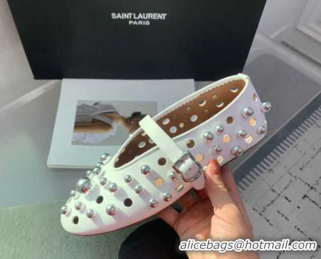 AAAAA Alaia Ballet Flats with Silver-Tone Spheres in Calfskin White 1223018