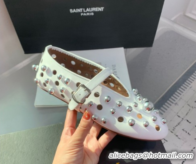 AAAAA Alaia Ballet Flats with Silver-Tone Spheres in Calfskin White 1223018