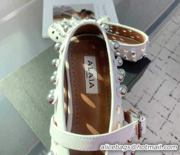 AAAAA Alaia Ballet Flats with Silver-Tone Spheres in Calfskin White 1223018